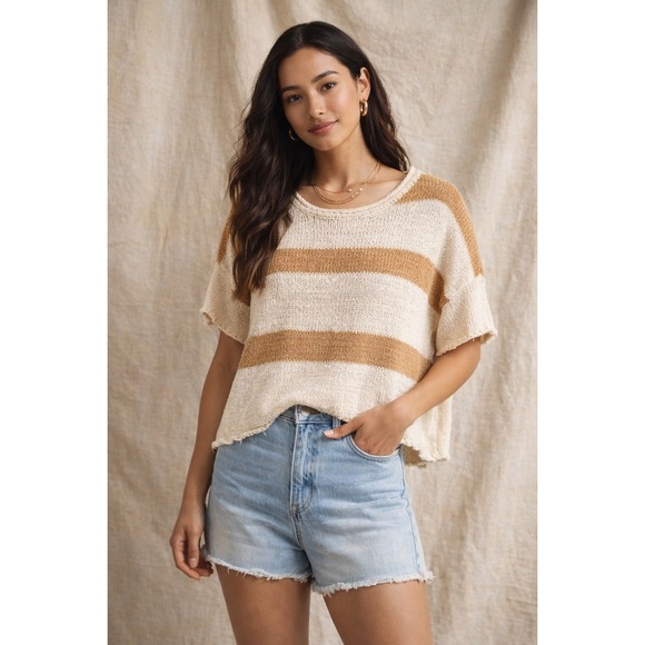 Wishlist Sweaters - Wishlist Cream Tan Striped Knit Sweater Short Sleeve Boxy Boho Small‎